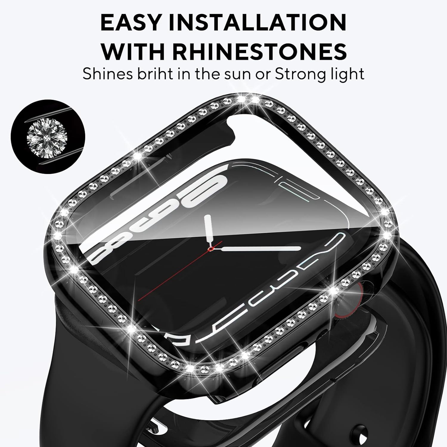 2 in 1 Bling Waterproof Case for Apple Watch Series 8 7 41mm, 360 Protective PC Cover Front & Back Bumper with Tempered Glass Screen Protector, Crystal Diamond iWatch Cases for Women, 41mm Silver - Image 4